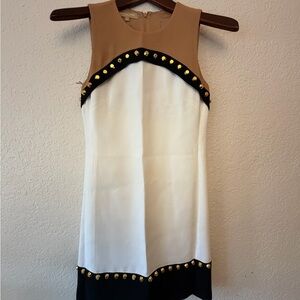Michael Kors Tan and White Mini Dress with Gold Studs